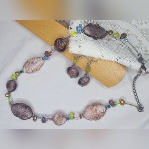 Lavender Pink Glass Bead Multicolor Floral Necklace & Earring Set